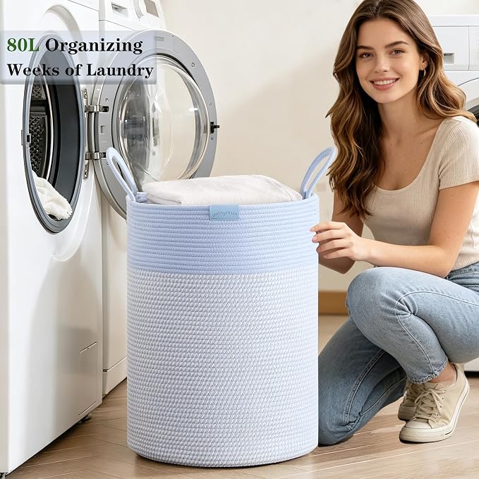 80L Extra Large Blue Laundry Hamper Basket, Tall Woven Hamper for Bedroom, Cotton Rope Laundry Basket for Clothes, 16x22 Inches