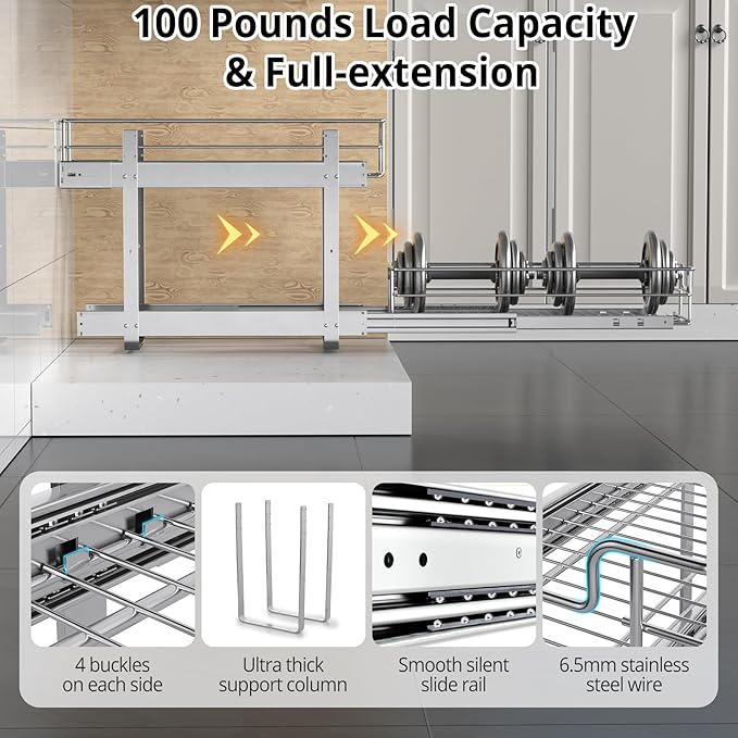 ZOINLIY Pull Out Cabinet Organizer, Versatile Slide Out Kitchen Organizers and Storage,Heavy Duty Drawer Cupboard Storage Basket, Smooth Sliding, Chrome Finish (2-Tiers-9¼''W×22“D)