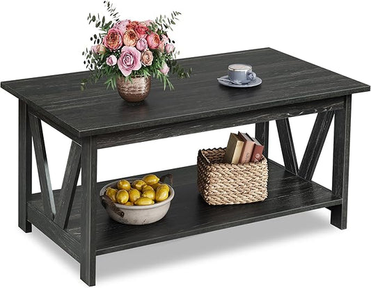 WLIVE Coffee Table with Storage Shelf, 39.4" Farmhouse Coffee Table with V-Frame Support, 2-Tier Wood Rustic Center Table for Living Room, Bedroom & Balcony, Charcoal Black