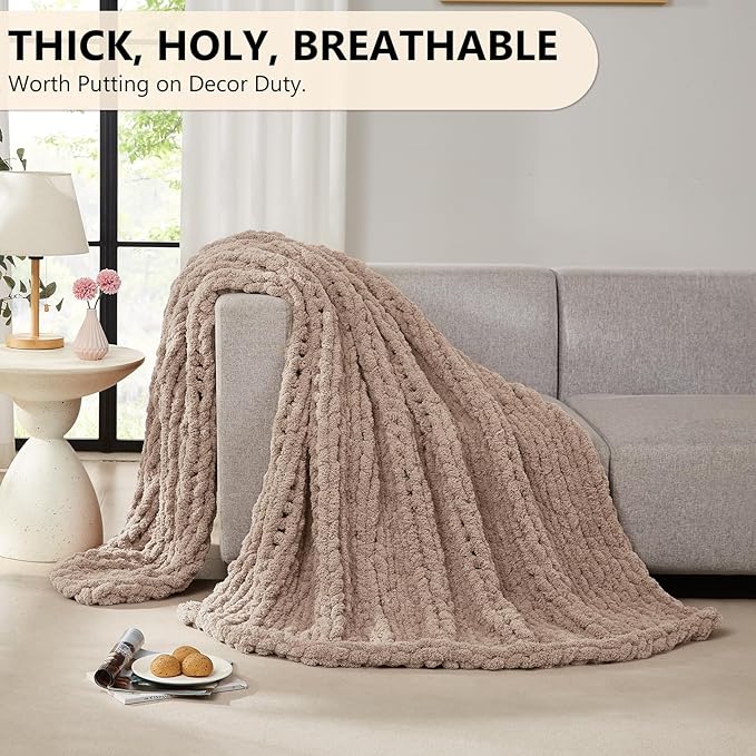 L'AGRATY Chunky Knit Blanket Throw: 60''x80'' Chenille Chunky Knitted Throw Blankets for Bed Couch - Handmade Thick Big Cable Knit Blanket - Large Crochet Rope Blankets for Home Decor(Light Taupe)