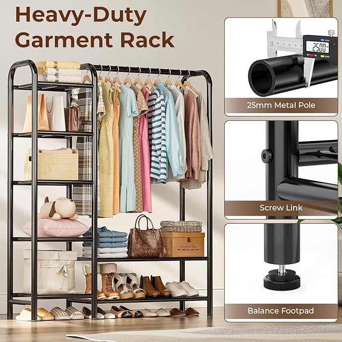 Heavy Duty Clothes Rack with 5 Tiers Shelves, Max Load 670LBS, Portable Freestanding Multi-Functional Metal Clothing Rack with Hanging Rods Organizer System for Bedroom Closet Wardrobe, Black