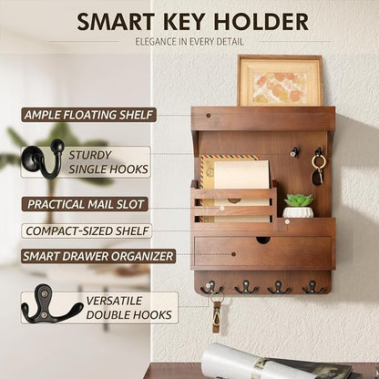 Rebee Vision Farmhouse Key Holder Wall Mount with Drawer Organizer – Pine Wooden Mail and Key Organizer for Wall with 6 Sturdy Hooks & Floating Shelf – Perfect for Retro Living Room Decor (Brown)