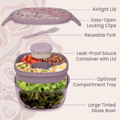 Bentgo Glass Prints Salad Container - 7.6-Cup Tinted Glass Salad Bowl with Airtight Lid, Leak-Proof Sauce Container, 4-Compartment Bento Meal Prep Tray & Reusable Fork (Floral Maximalist - Bouquet)