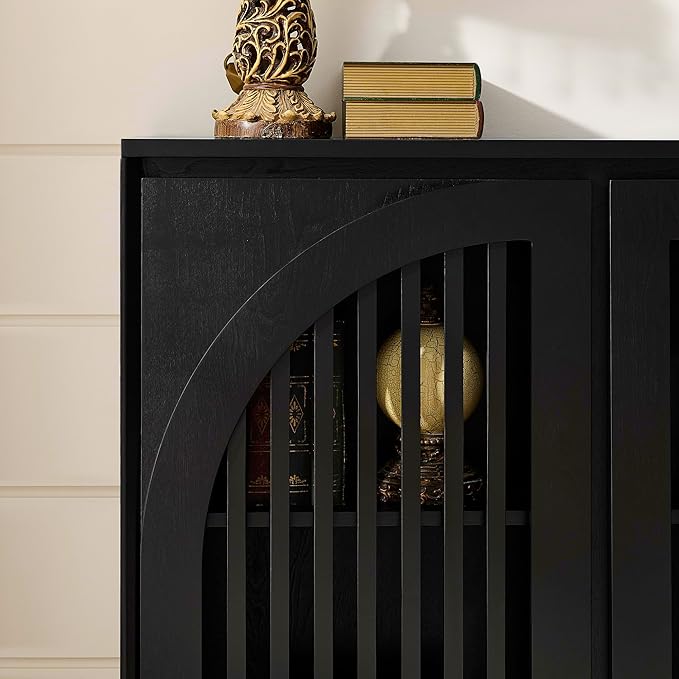 LKTART Sideboard Buffet Cabinet with Storage, Mid Century Modern Credenza with Arch Doors & Shelves, Wood Coffee Bar Media Console Table for Kitchen, Living Room, Entryway-Black