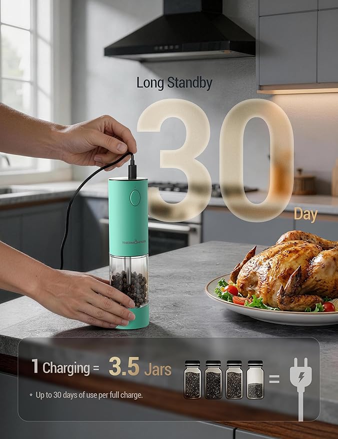 ThermoMaven Electric Salt and Pepper Grinder Set, 110ml Larger Rechargeable Automatic Salt and Pepper Mill Grinder with 6 Adjustable Coarseness, Electric Salt and Pepper Shakers, LED, Mint Green