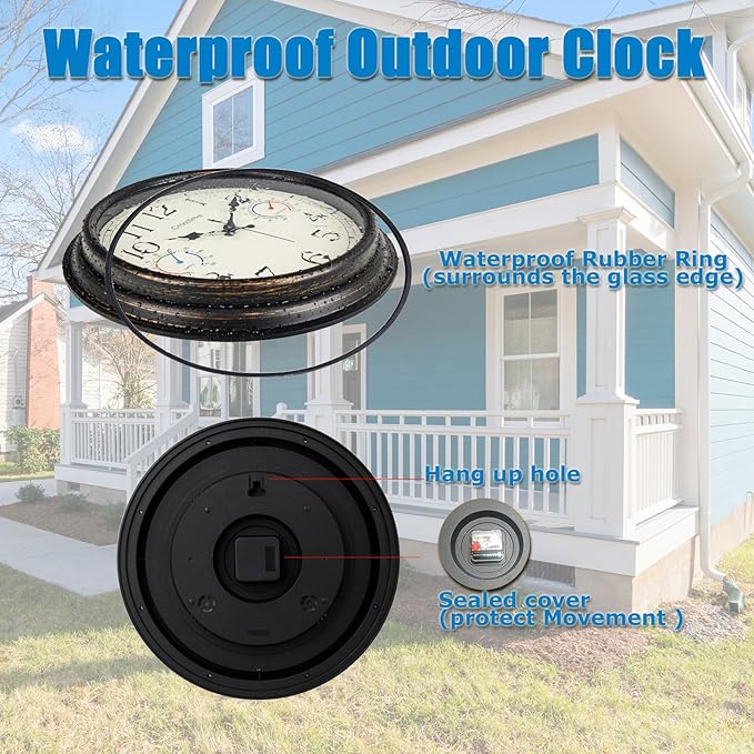 16 Inch Waterproof Outdoor Clock with Thermometer & Hygrometer Combo – Bronze Retro Vintage Decor Indoor Outdoor Wall Clocks for Patio, Pool, Backyard, Garage