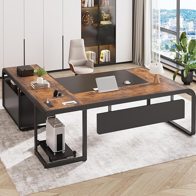SEDETA 61 Inch Executive Desk, Large Office Desk with File Drawer, L Shaped Desk with Drawers, Computer Desk with Mobile CPU Stand, Storage Shelves, Power Outlets for Home Office, Rustic Brown
