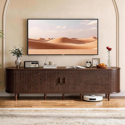 80" Mid Century Modern TV Stand with Power Outlet, Fluted Entertainment Center with Storage and Adjustable Shelves, Wood TV Console with Sliding Doors for Living Room, Walnut