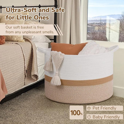 INDRESSME 115L Extra Large Cotton Rope Basket, Woven Baby laundry Blanket Basket for Home Decor Living Room Nursery, Toy Storage Baskets for Kids Boys Girls, White & Camel Mix