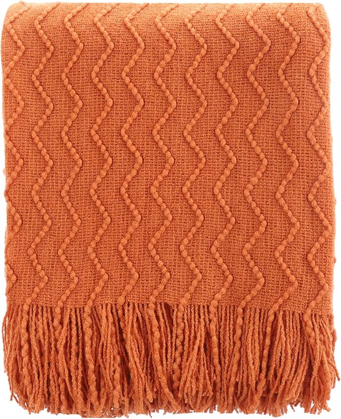 BATTILO HOME Burnt Orange Throw Blanket for Couch, Decorative Fall Throw Blanket with Tassels Halloween Throw Fall Decor, 50"x60"
