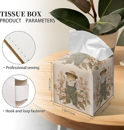 Grace Yonks Vintage Frog Tissue Box Cover Square, Overalls Cottagecore Floral Cube Case for Facial Tissues, 5.2" PU Leather(081)