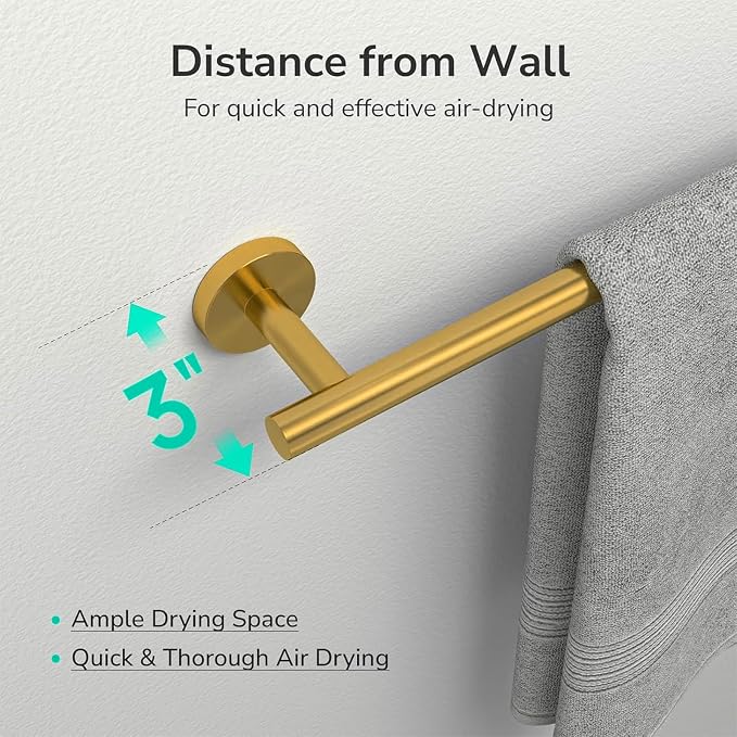 USHOWER Brushed Gold Towel Bar, 24-Inch Towel Racks for Bathroom Wall-Mounted, SUS304 Stainless Steel Towel Rod (Total Length 26-Inch)