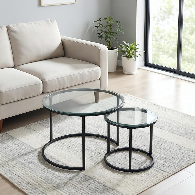 Round Nesting Coffee Table Set of 2, Modern Glass Nesting Tables, Stacking Minimalist End Table for Living Room Bedroom Small Space, Clear Tempered Glass and Black