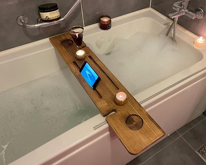 Handmade Wooden Bathtub Tray - 3 Different Size Options - Rustic Structure - Water Insulator - Bath Tray Caddy with Wine Glass Holder (36", BLACK BROWN)