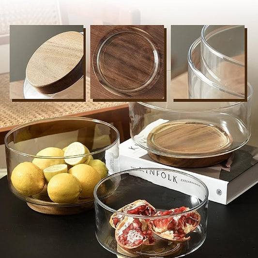 Coffee Pod Holder, Glass Salad Bowl with Acacia Wood Base, Large Capacity K Cup Organizer for Kcup Creamer Storage, Espresso Capsule Holder Coffee Bar Accessories（ 7 Inch，1 Pack ）