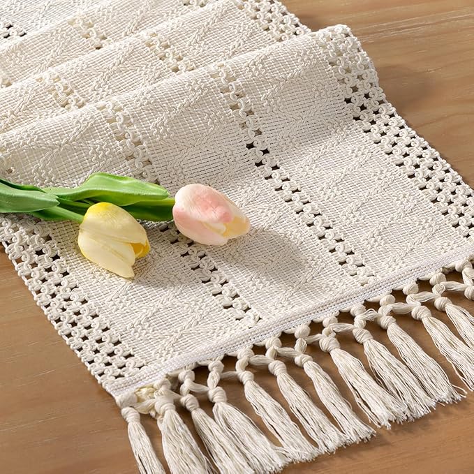 Socomi Boho Table Runner Macrame Valentine's Day Farmhouse Woven Cotton Linen Rustic Coffee Table Runner with Tassels for Dresser Scarf Home Decor Dining Room 12x90 inch Beige