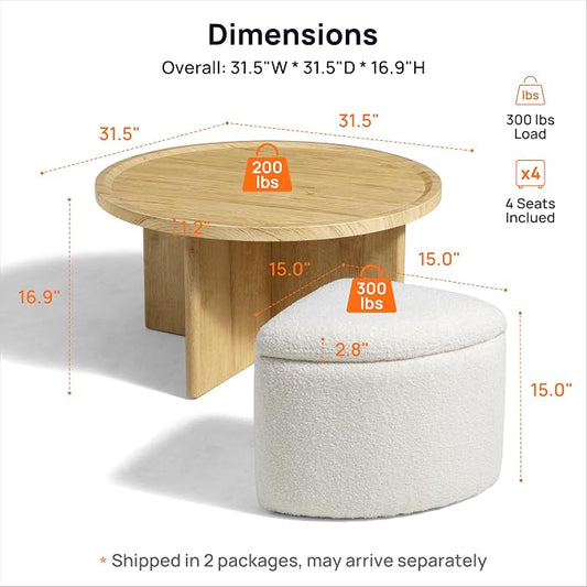 Round Coffee Table with Stools Underneath, Wood Ottoman Coffee Tables with 4 Boucle Storage Ottomans & Seats, Mid-Century Modern Coffee Table with Chairs for Living Room, Small Space, Natural&White