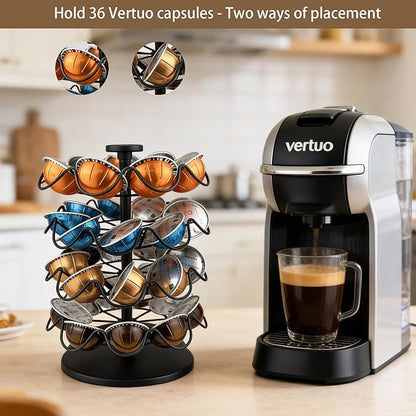 360° Rotating Coffee Pod Holder, Metal Capsule Storage Organizer for K-Cup, Nespresso Vertuo, Dolce Gusto, 36 Pod Capacity Countertop Space-Saving Carousel Stand