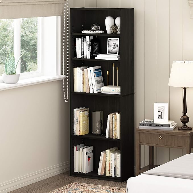 Furinno JAYA Book Shelf, 5-Tier Bookshelf, Bookcase with Adjustable Shelves, 9.5" x 24.5" x 71.2", for Organization and Storage, for Living Room, Bedroom, Home Office, Espresso