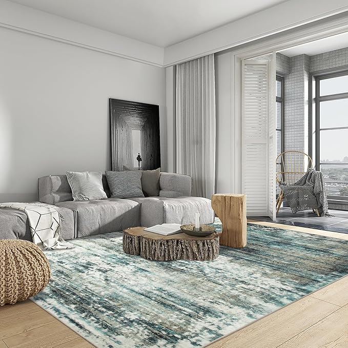 8x10 Area Rugs Washable Rug: Large Modern Abstract Living Room Rug Soft Anti-Skid Thin Carpet Indoor Floor Non-Shedding Carpets for Bedroom Dining Room Farmhouse Nursery Home Office Green Multi