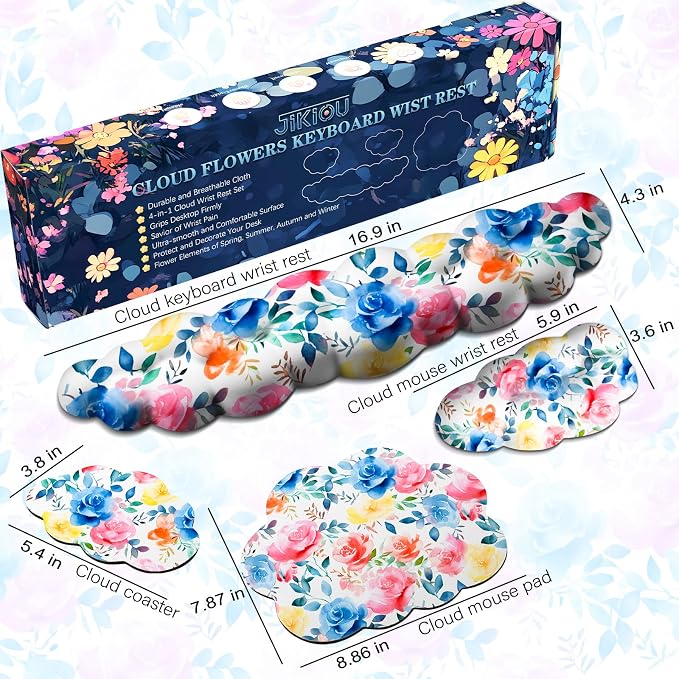 JIKIOU Cloud Wrist Rest Keyboard, Cloud Keyboard Wrist Pad Set with Comfortable Cloth, Cute Arm Rest for Palm Support, PC/Gaming Desk Accessories/Office Setup/Computer Hand Cushion Multicolored Rose