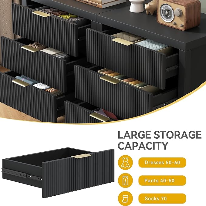 3 Drawer Dresser, Chest of Drawers Organizer with Waveform Panel, Large Fluted Dresser with Wide Drawers and Golden Handles, Wood Storage for Bedroom, Hallway, Entryway, Black