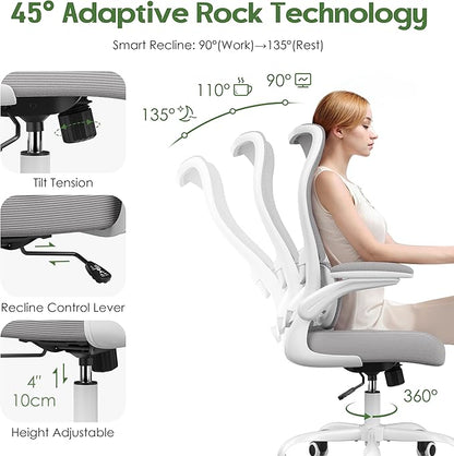 Office Chair Ergonomic Desk Chair - Comfy Mesh High Back Office Chair with Lumbar Support Wheels Home Desk Office Chairs Flip up Armrest Executive Rolling Swivel Task Work Computer Chair Grey