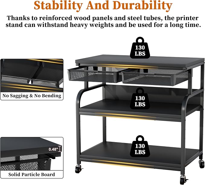 EasyCom 32.3"x18.9" Extra Large Printer Stand with Double Drawers, 5-Adjustable Heights 3 Tier Table with Wheels, Rolling Printer Cart with Storage for Printer Scanner Fax Home Office Use