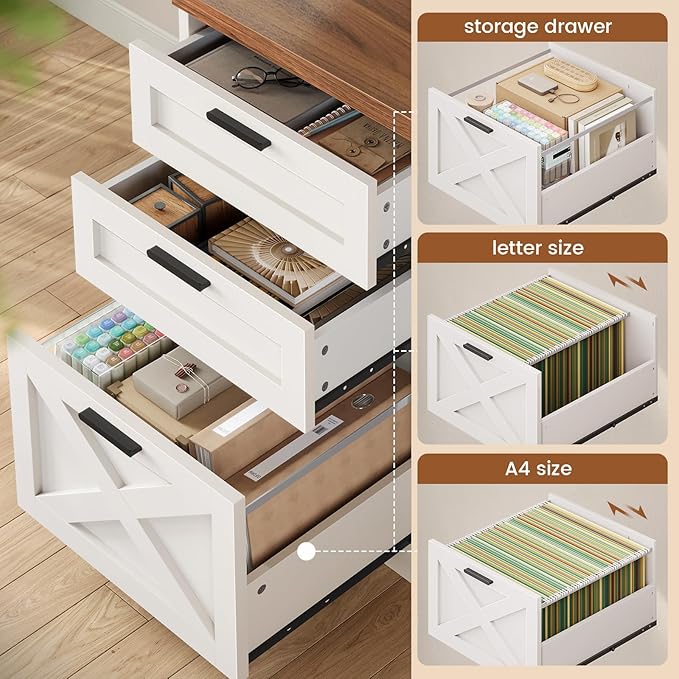 SEDETA 55.1" Farmhouse Office Desk with 3 Drawers, Executive Desk with File Drawer & Storage Shelves, Computer Desk with Power Outlet for Home Office, White and Brown