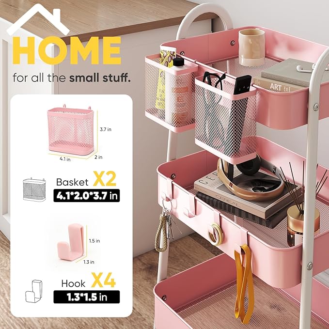 Sekey 3 Tier Rolling Cart, Hanging Cups, Hooks, Heavy Duty Mesh Rolling Storage Cart Organizer with 2 Lockable Wheels for Bathroom, Kitchen, Office, Craft, Makeup, Baby Essentials, Pink