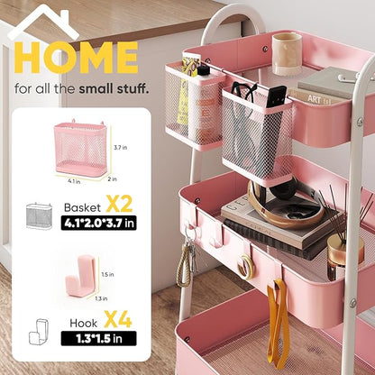 Sekey 3 Tier Rolling Cart, Hanging Cups, Hooks, Heavy Duty Mesh Rolling Storage Cart Organizer with 2 Lockable Wheels for Bathroom, Kitchen, Office, Craft, Makeup, Baby Essentials, Pink