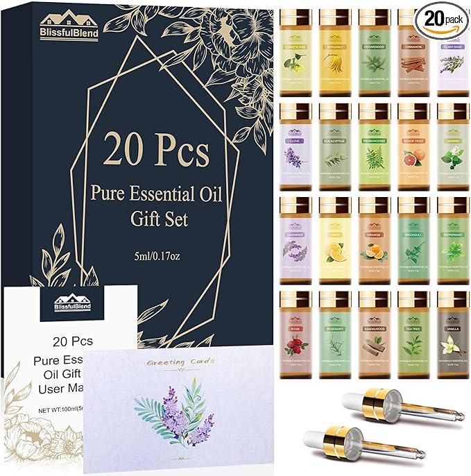 Fragrance Essential Oils Set, Essential Oils for Diffuser, for Home, Skin, Candle & Soap Making-Tea Tree, Lavender, Peppermint, Rose and More, with Gift Card for Friend, Teacher, Mom(20×5ml