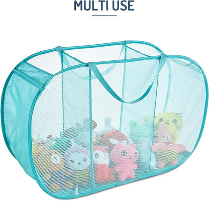 Seiritex Mesh Popup Laundry Hamper 3 Compartment Sortable Horizontal Collapsible Laundry Basket for Clothes Laundry Room Bedroom Toys Travel (Turquoise Blue)
