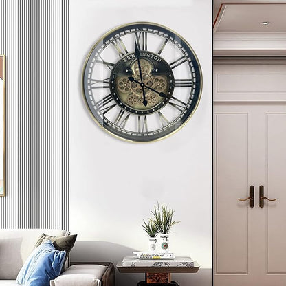Real Moving Gears Wall Clock Large Modern Metal Clocks for Living Room Decor, Industrial Steampunk Unique Vintage Rustic Decorative Clock for Home Farmhouse Office, 27.6 Inch,Brass Gold Roman