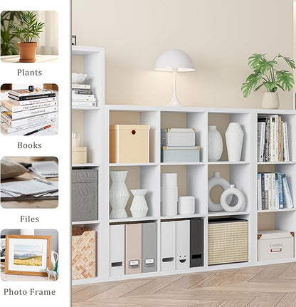 Cube Storage Organizer Bookcase, Decorative 11 inch Open Back Cubical Shelf with Thickened Border, Display Bookshelf for Living Room, Home Office, Sturdy Room (White, 9 Cube)