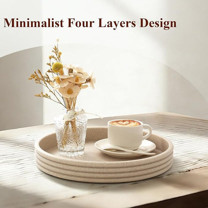 YMXYJM Round Decorative Tray - Modern Coffee Table Tray Decor, Resin Home Decor for Living Room & Bedroom. Multi-Functional Coffee Table Centerpiece with Anti-Slip Pads - 11x1.5 Inch Key Trays - Beige