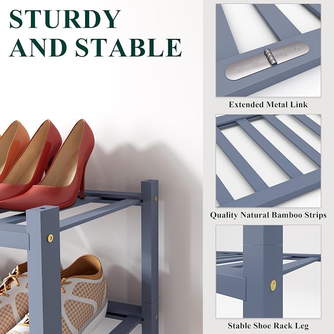 Smiry Long Bamboo Shoe Rack, 3 Tier Free Standing Wooden Shoe Organizer, Stackable Wood Shoe Storage Shelf for Closet, Entryway, 12 Vertical Slats, 2+1 Stack Standard Legs, 33.7"x11"x19.5", Grey