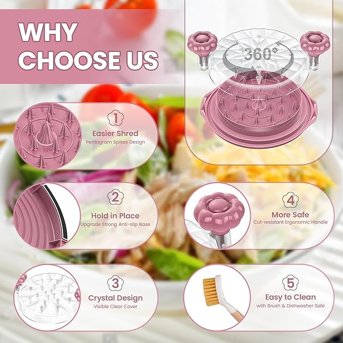 Chicken Shredder Tool Twist Large - 10'' Pro Meat Shredders for Chicken Breast,Visible Kitchen Gadgets Grinder Machine with Brush,Strong Anti-Slip Strip,Ergonomic Handle,BPA Free (Purple)