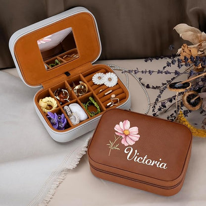 Custom Leather Jewelry Box with Name & Birth Flower Month, Birthday Gifts for Women, Personalized Jewelry Travel Case - Customized Jewelry Organizer Box, Mom Birthday Gifts, Emerald
