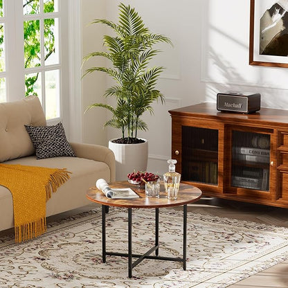 Round Coffee Table, Small Coffee Tables for Living Room, Wood Coffee Table with Metal Frame, Floor Table Desk for Sitting on The Floor, Home, Office, Farmhouse, Rustic Brown (23.6"D x 17.7"H)