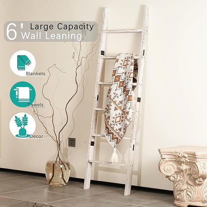 Blanket Ladder for The Living Room 6-Tier, Wooden Decorative Quilt Holder for Bed Room, Wall-Leaning Towel Rack for Bathroom，Rustic Farmhouse Ladders for Display. (White Wash)