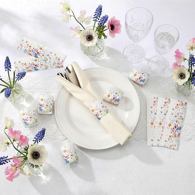300 Pcs Spring Wildflower Paper Napkin Rings Disposable Napkin Bands Self Adhesive Colorful Wildflower Silverware Wrap Band for Floral Birthday Holiday Party Dinner Table Setting Decoration