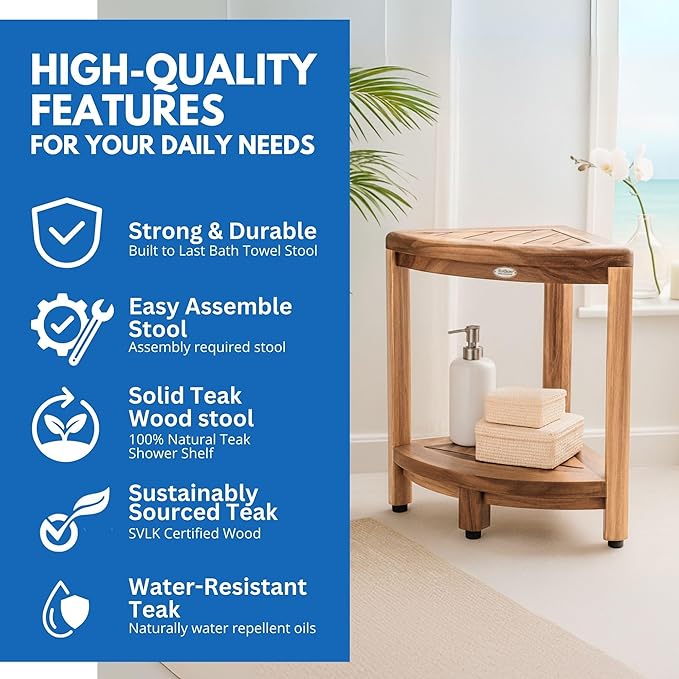 DecoTeak Teak Corner Shower Shelf – 2 Tier Waterproof Bathroom Storage Organizer Compact Wood Storage | Water-Resistant Design | Space Saver for Showers & Small Bathrooms | Shaving Foot Rest