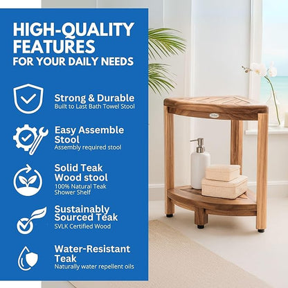 DecoTeak Teak Corner Shower Shelf – 2 Tier Waterproof Bathroom Storage Organizer Compact Wood Storage | Water-Resistant Design | Space Saver for Showers & Small Bathrooms | Shaving Foot Rest