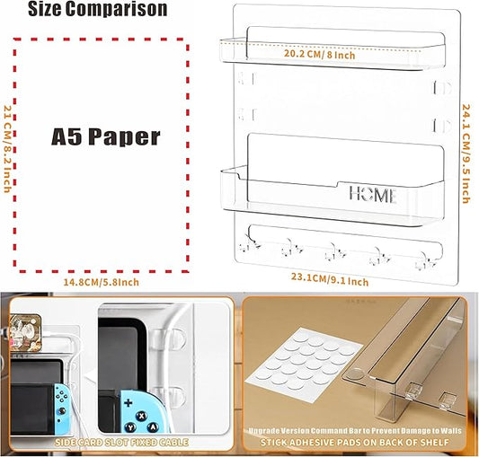 SuoXing Bedside Wall Organizer for Bedroom,Rv,Small Rooms,Nightstand and Bedside Wall Shelf for Earphone,Glasses,Remote Control,Phone Charging Shelf,Dorm Decor for College Girls and Teen Girl,Clear