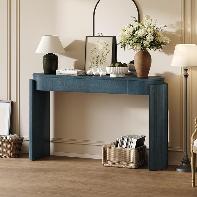 LKTART 55" Sofa Table with Oval Top and 2 Drawers, Entryway Console Table with Fluted Design for Hallway,Foyer,Entry and Living Room (Easy Assembled-Navy)