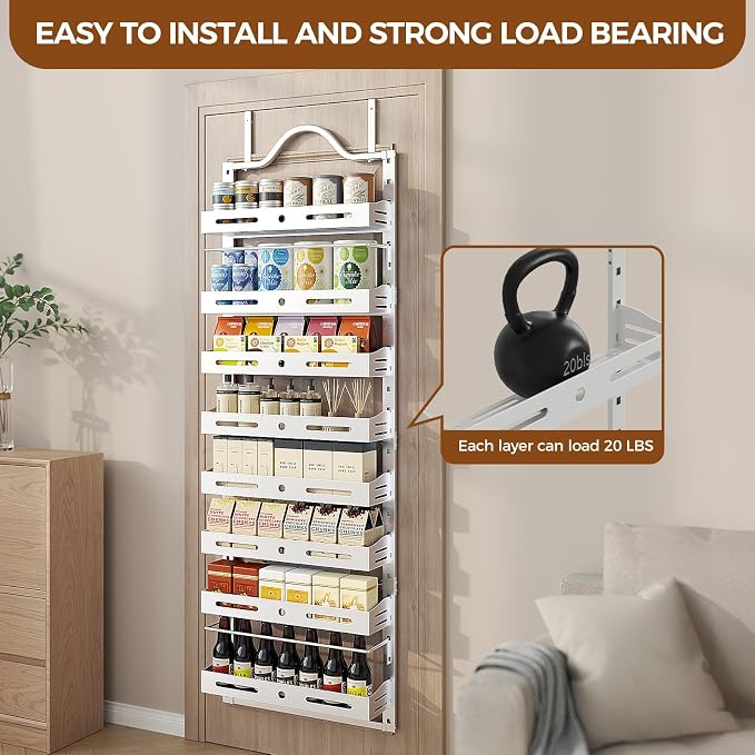 8-Tier Pantry Door Organizer, Large 2 IN 1 Wall Mount or Over The Door Pantry Organizer, Pantry Door Spice Rack with Adjustable Baskets, Over Door Organizer for Kitchen,（72.6×17.1×5.1in, White)