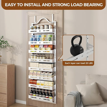 8-Tier Pantry Door Organizer, Large 2 IN 1 Wall Mount or Over The Door Pantry Organizer, Pantry Door Spice Rack with Adjustable Baskets, Over Door Organizer for Kitchen,（72.6×17.1×5.1in, White)