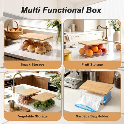 1 Pack Trash Bag Holder, Stackable Garbage Bag Dispenser with Lid | Clear Plastic Organizer with Bamboo Lid, Space-Saving Under Sink Storage for Kitchen, Laundry Room, Pantry & Cabinet