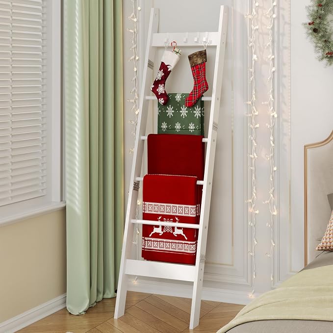 Hzuaneri Blanket Ladder for Living Room, Decorative Quilt Rack with 4 Removable Hooks, 6-Tier Farmhouse Ladder Holder Shelf Organizer for Bedroom, White BR31513W
